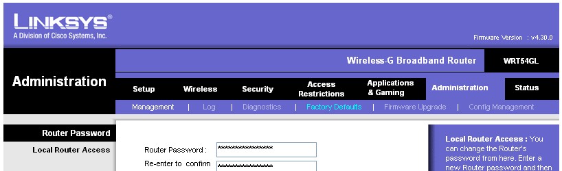 WRT54GL Administration tab