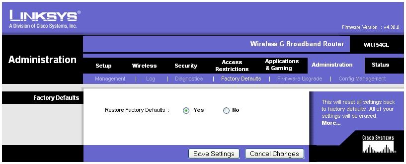 WRT54GL Factory Default