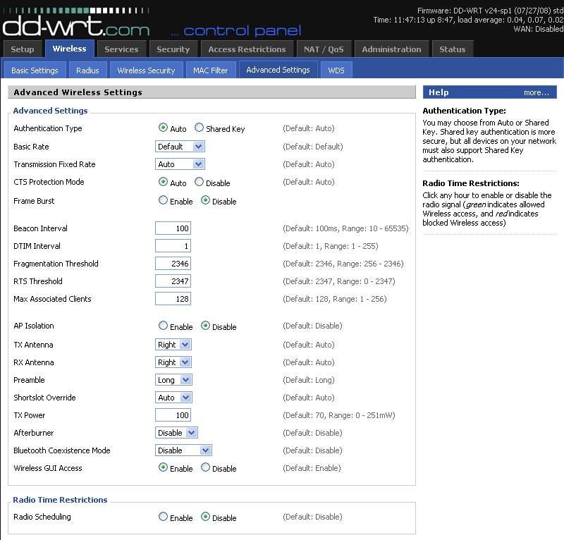 Impostazioni avanzate Radio WiFi